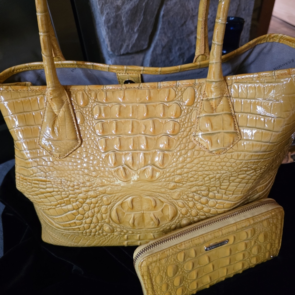 Brahmin Yellow Croc-Embossed Tote and Wallet